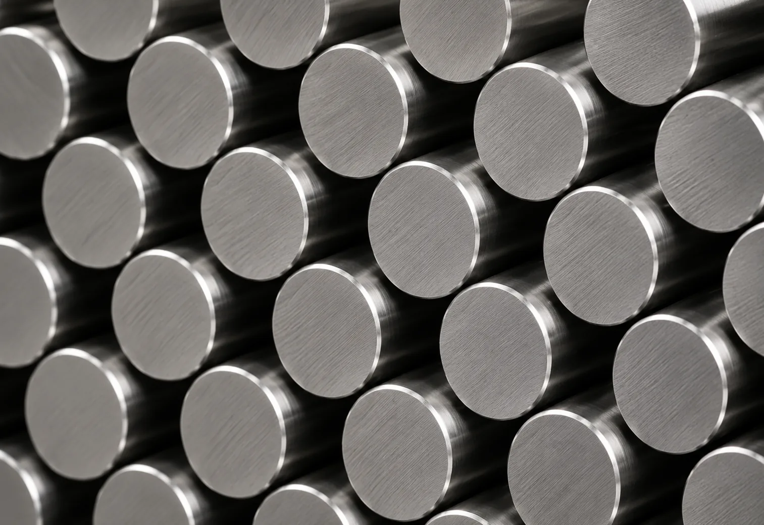 Stacked solid stainless steel bar stock · brushed circular ends visible in cross-section