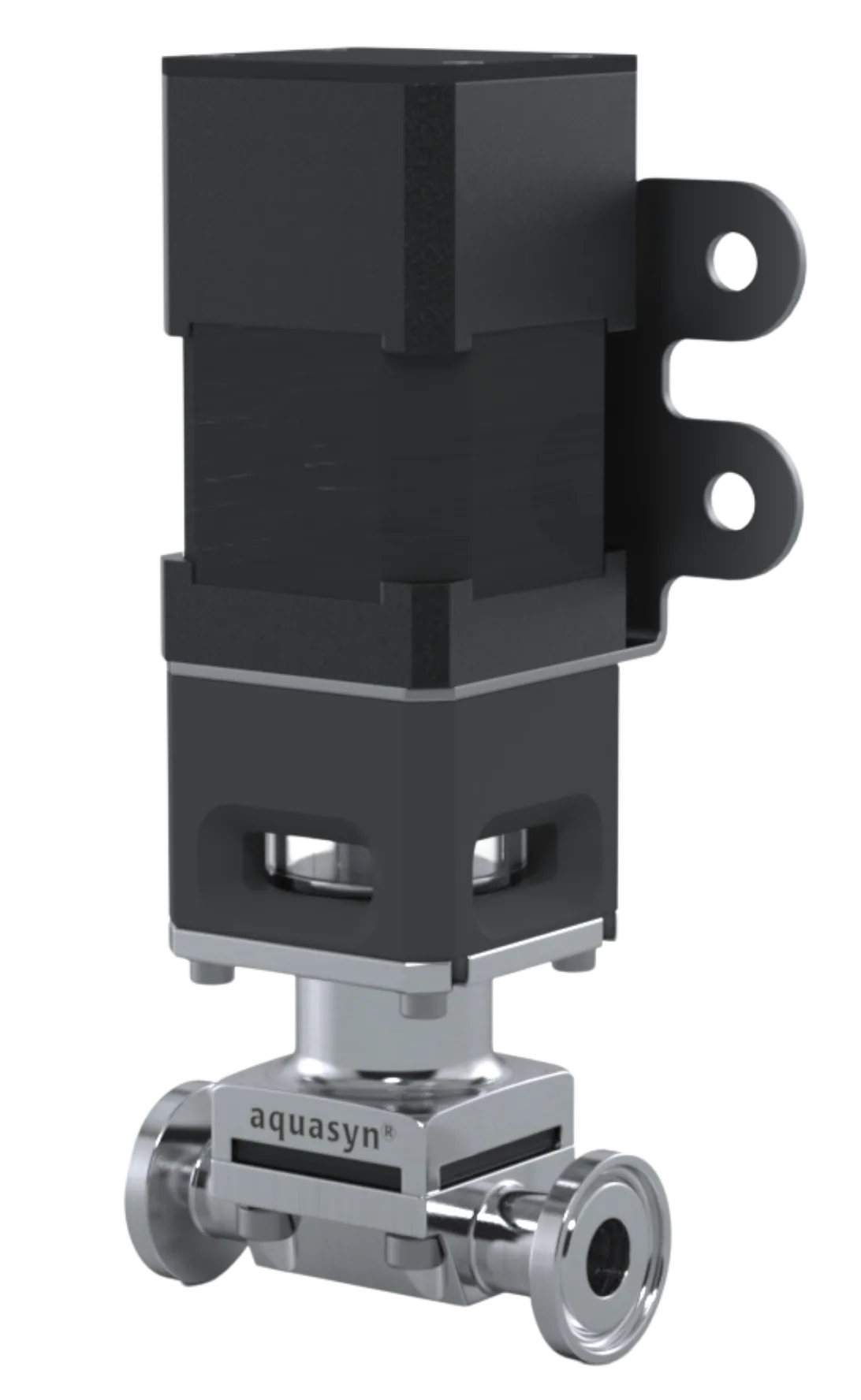 Aquasyn eMaxion 24V DC electric actuator mounted on a hygienic diaphragm valve with Tork-Tite bonnet