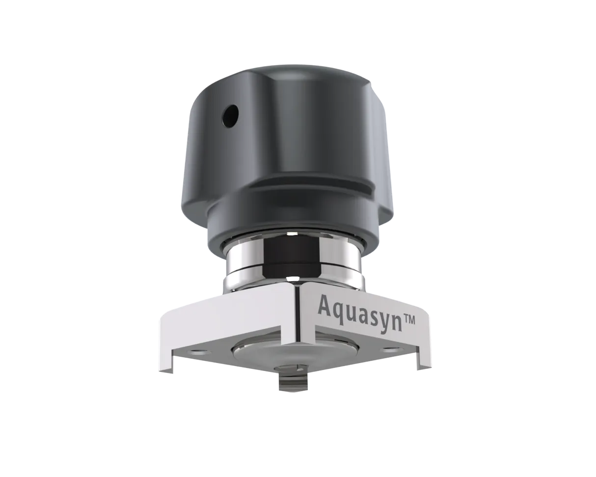 Aquasyn manual diaphragm valve bonnet showing patented Tork-Tite hard-stop feet on the 316L stainless bonnet