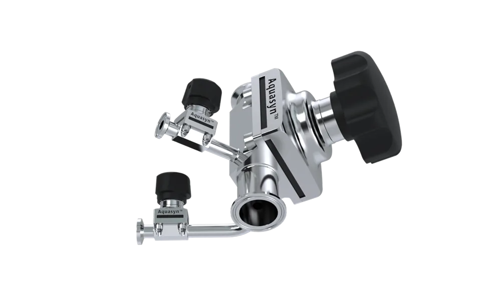 Aquasyn multi-port hygienic stainless manifold, single-block 316L body with multiple valve stations