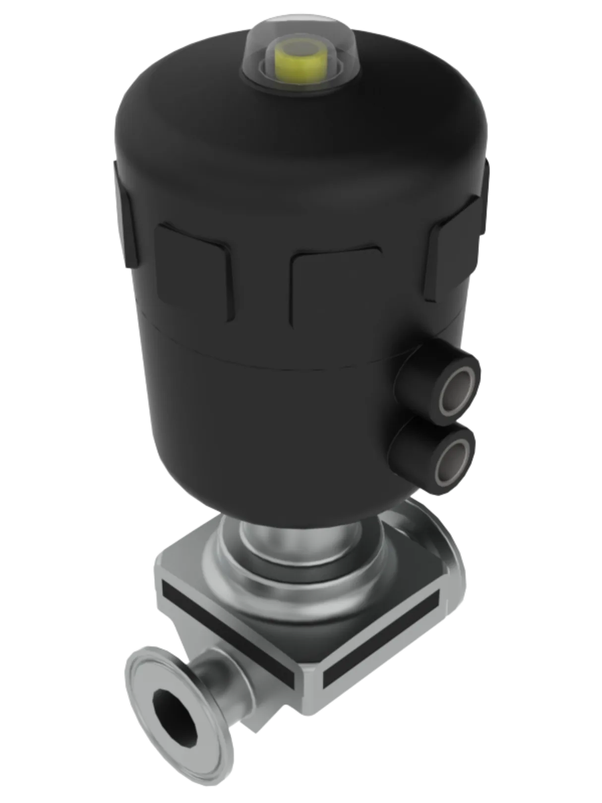 Aquasyn pneumatic actuator on hygienic diaphragm valve, spring-return or double-acting on the Tork-Tite bonnet interface