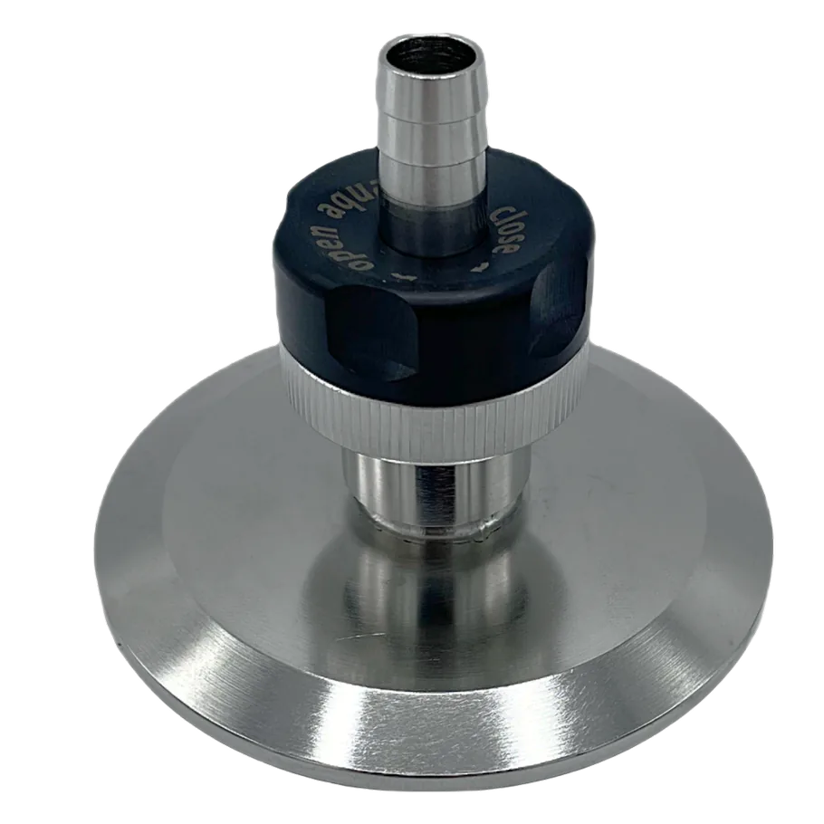 Aquasyn sample / bleed valve · rising-stem manual bonnet · hose barb outlet on a tri-clamp mount