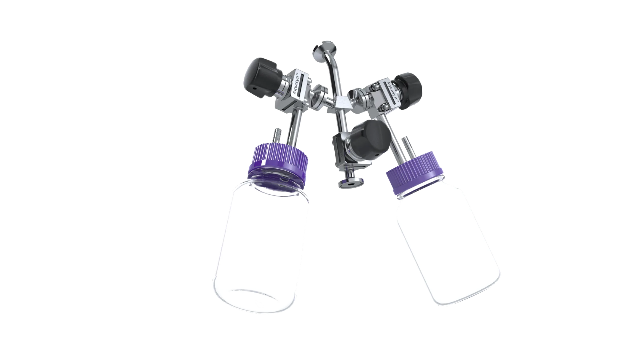 Aquasyn re-usable sample bottle assembly · dual sample bottles with purple caps on integrated Valbow® sample valves