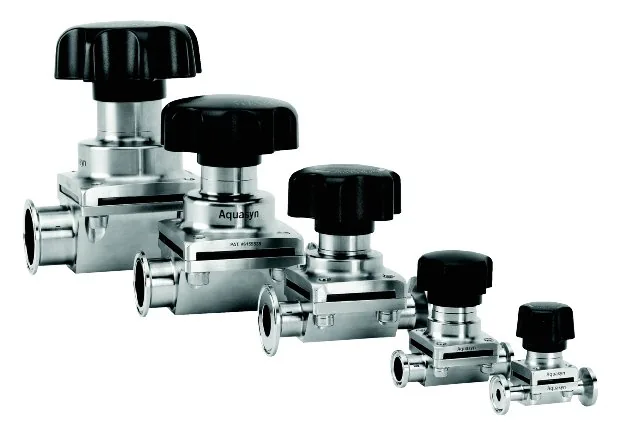Five Aquasyn two-way diaphragm valves at five sizes, lined up largest to smallest
