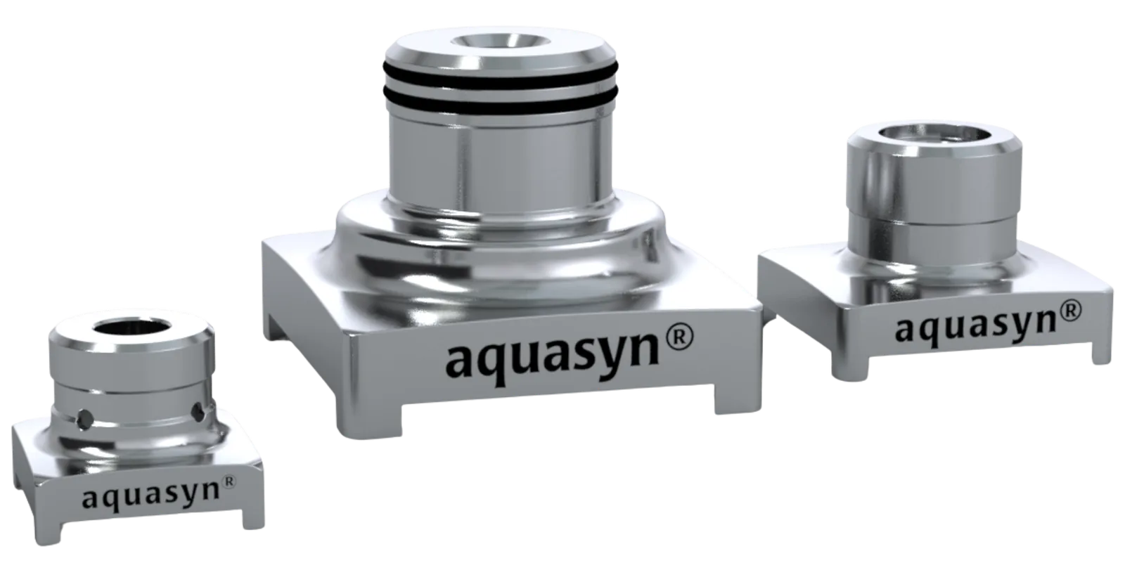Three Aquasyn manual bonnet bases at scale showing Tork-Tite foot geometry across sizes