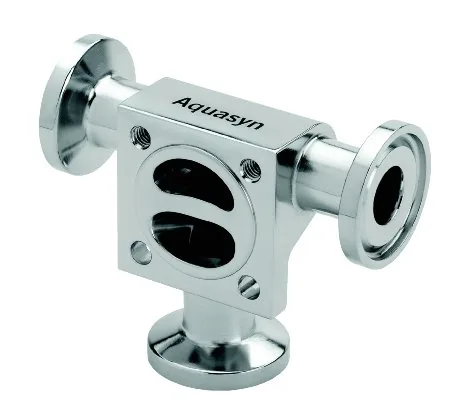 Aquasyn zero-static tee body with two horizontal tri-clamp branches and a vertical sample port