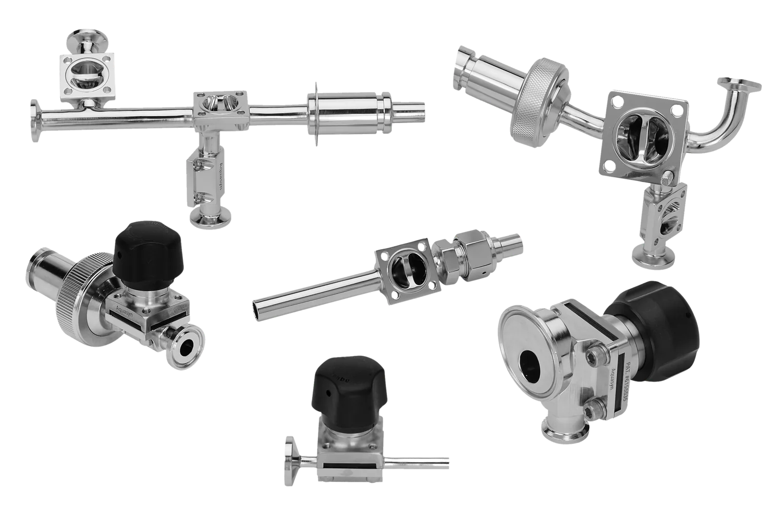 Six Aquasyn custom valve assemblies showing the range of bespoke configurations · hybrid bodies, custom orientations, exotic alloys