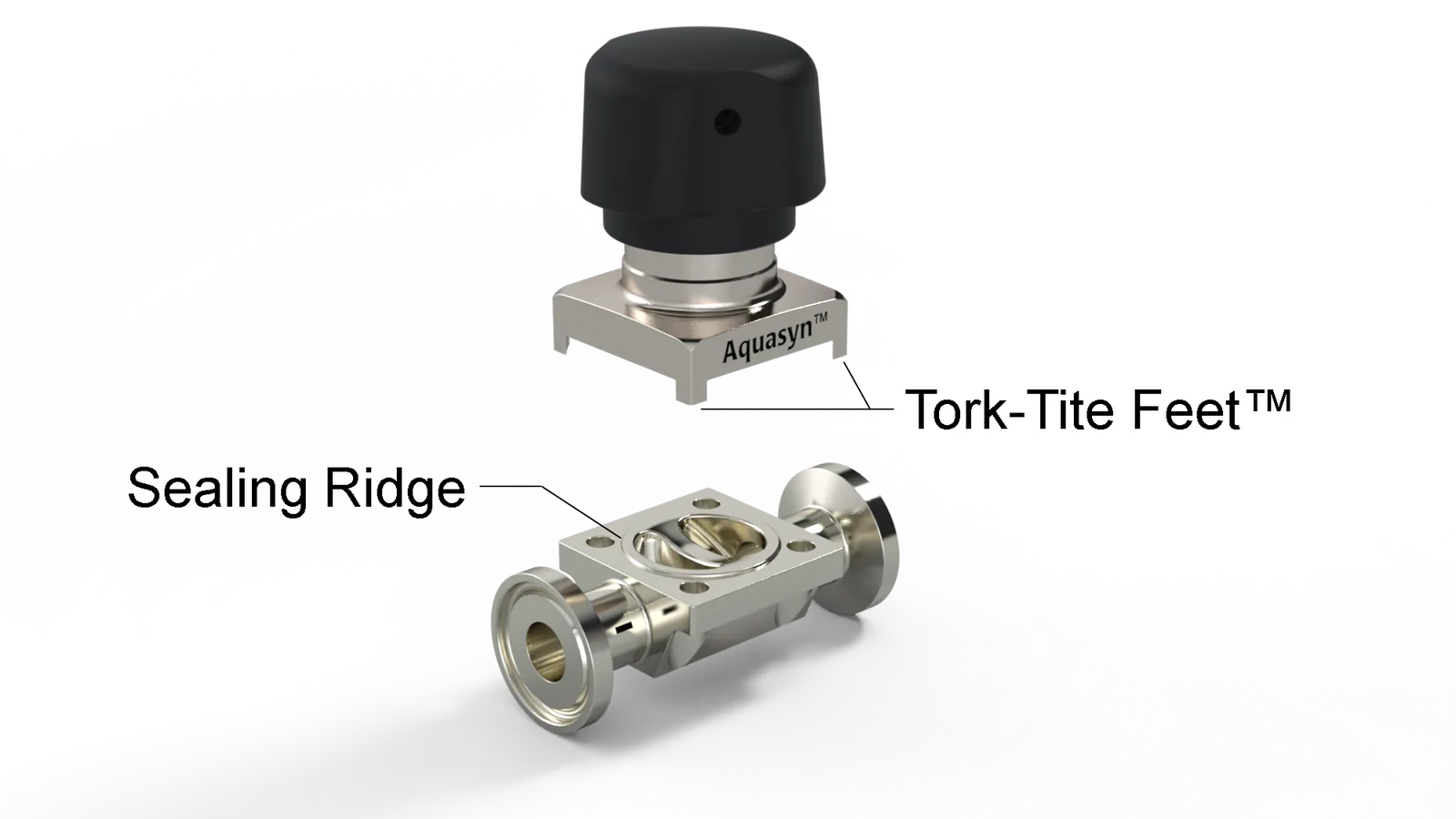 Aquasyn bonnet floating above its valve body · Tork-Tite Feet at the bonnet corners + Integral Sealing Ridge machined into the body